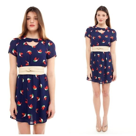 Modcloth Dress Retro Bird Print Navy Blue Peter Pan Collar M - Picture 1 of 12